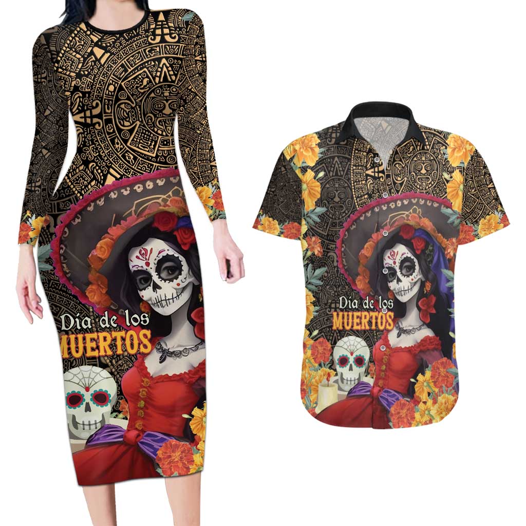 Mexico Day Of The Dead Couples Matching Long Sleeve Bodycon Dress and Hawaiian Shirt La Catrina Mix Cempasuchil Aztec Pattern LT15