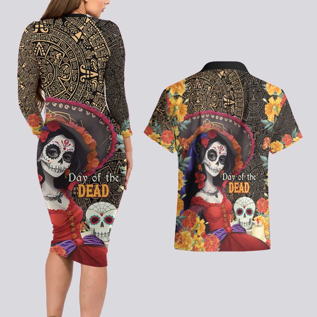 Mexico Day Of The Dead Couples Matching Long Sleeve Bodycon Dress and Hawaiian Shirt La Catrina Mix Cempasuchil Aztec Pattern LT15