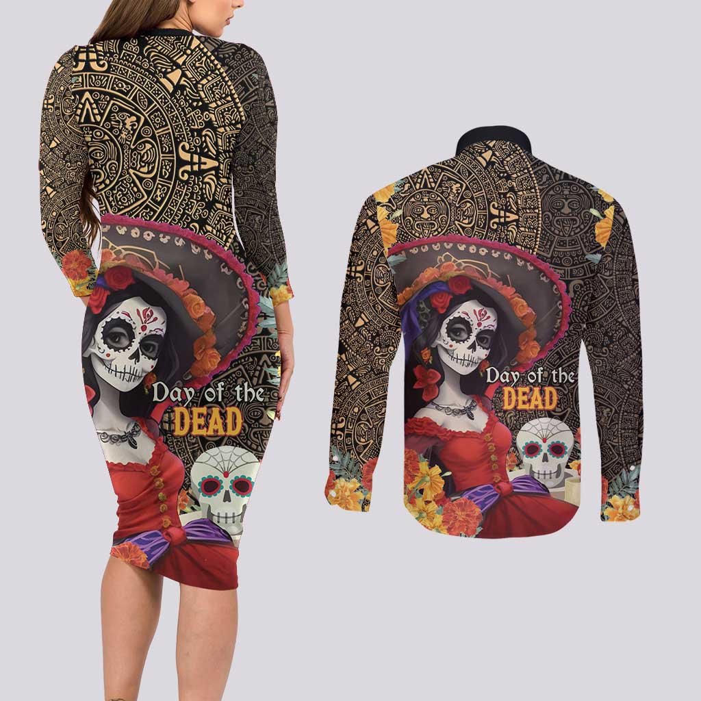 Mexico Day Of The Dead Couples Matching Long Sleeve Bodycon Dress and Long Sleeve Button Shirt La Catrina Mix Cempasuchil Aztec Pattern LT15