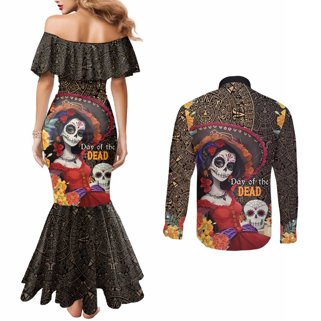 Mexico Day Of The Dead Couples Matching Mermaid Dress and Long Sleeve Button Shirt La Catrina Mix Cempasuchil Aztec Pattern LT15