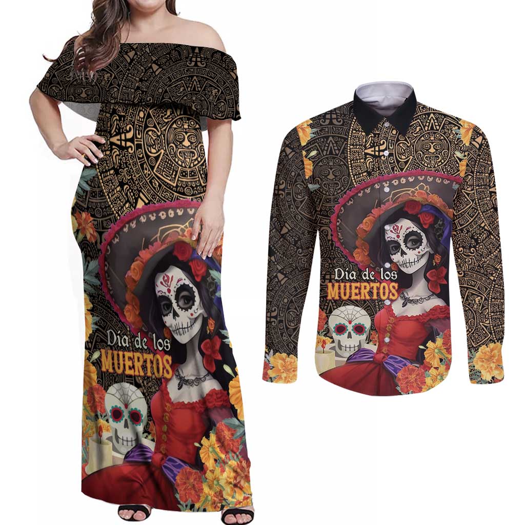 Mexico Day Of The Dead Couples Matching Off Shoulder Maxi Dress and Long Sleeve Button Shirt La Catrina Mix Cempasuchil Aztec Pattern LT15