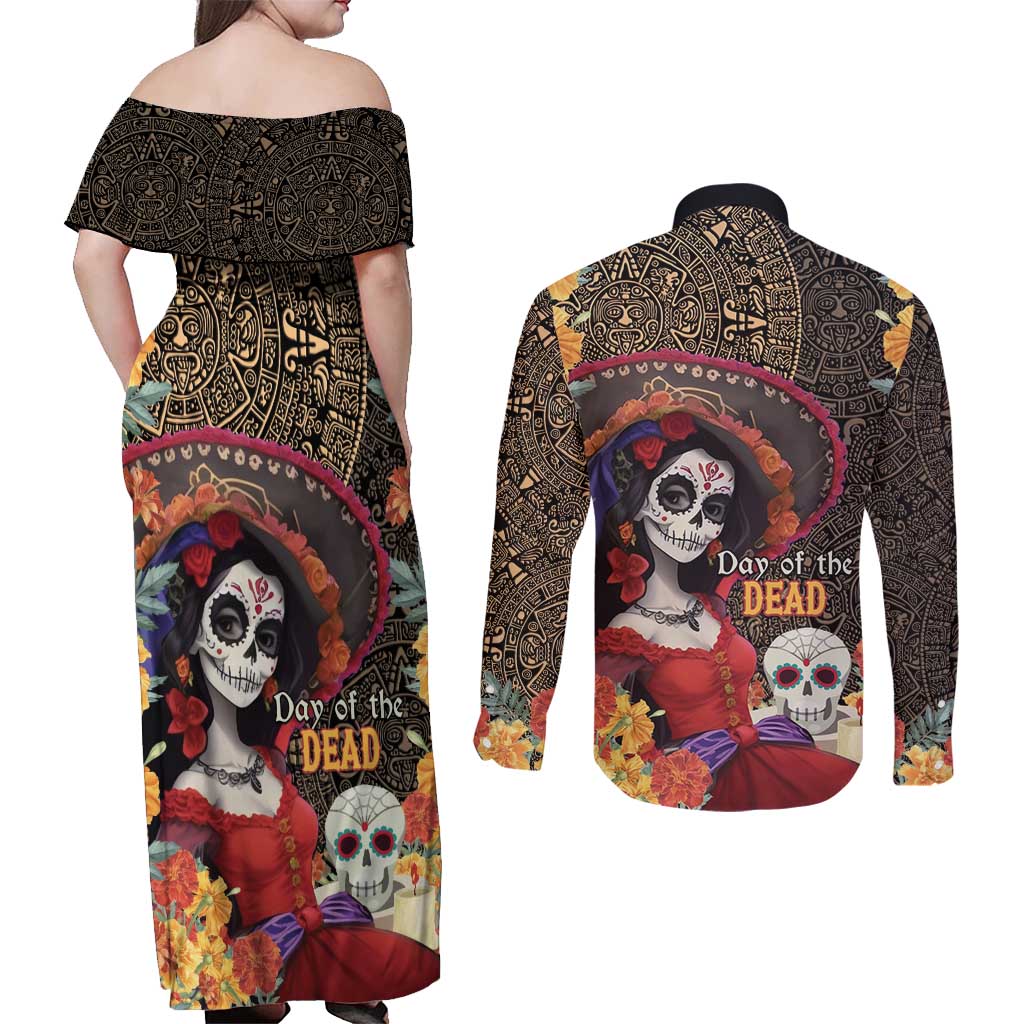 Mexico Day Of The Dead Couples Matching Off Shoulder Maxi Dress and Long Sleeve Button Shirt La Catrina Mix Cempasuchil Aztec Pattern LT15