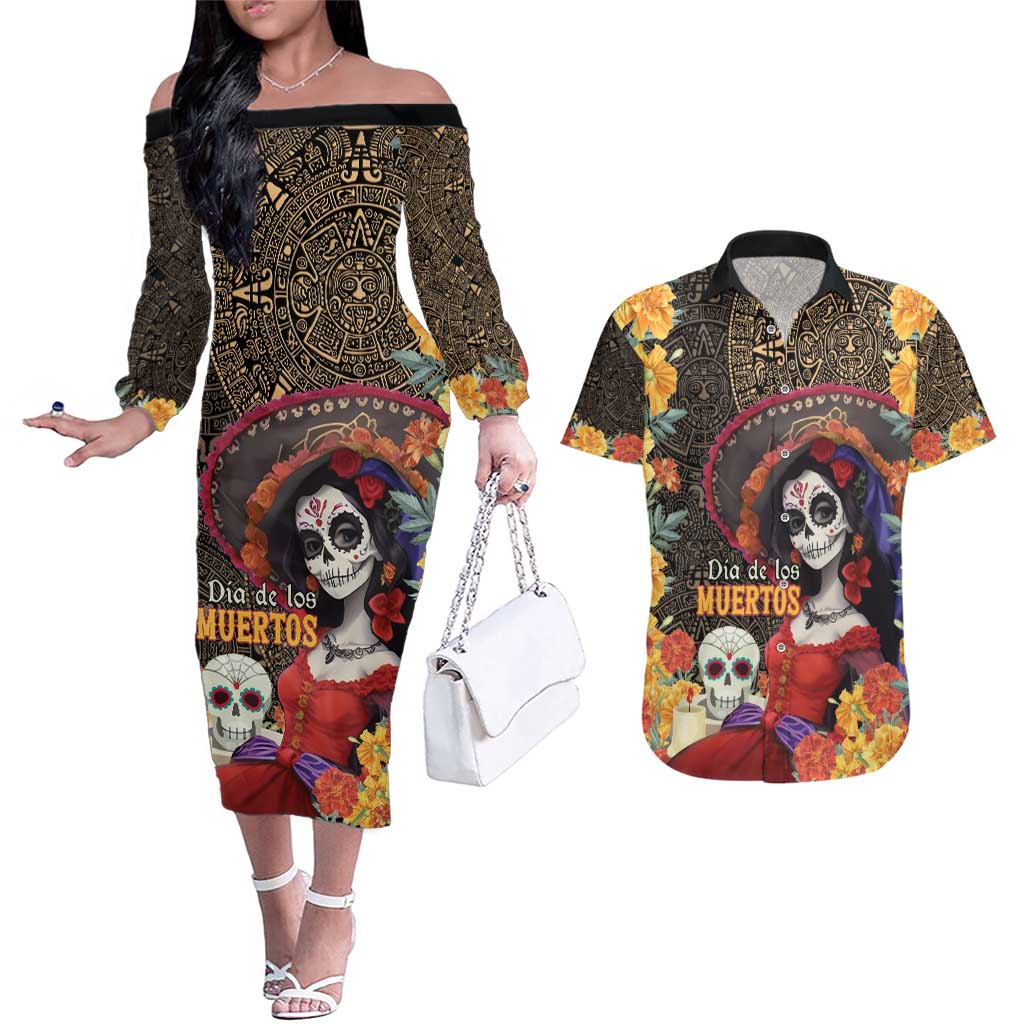 Mexico Day Of The Dead Couples Matching Off The Shoulder Long Sleeve Dress and Hawaiian Shirt La Catrina Mix Cempasuchil Aztec Pattern LT15
