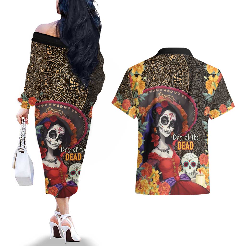 Mexico Day Of The Dead Couples Matching Off The Shoulder Long Sleeve Dress and Hawaiian Shirt La Catrina Mix Cempasuchil Aztec Pattern LT15