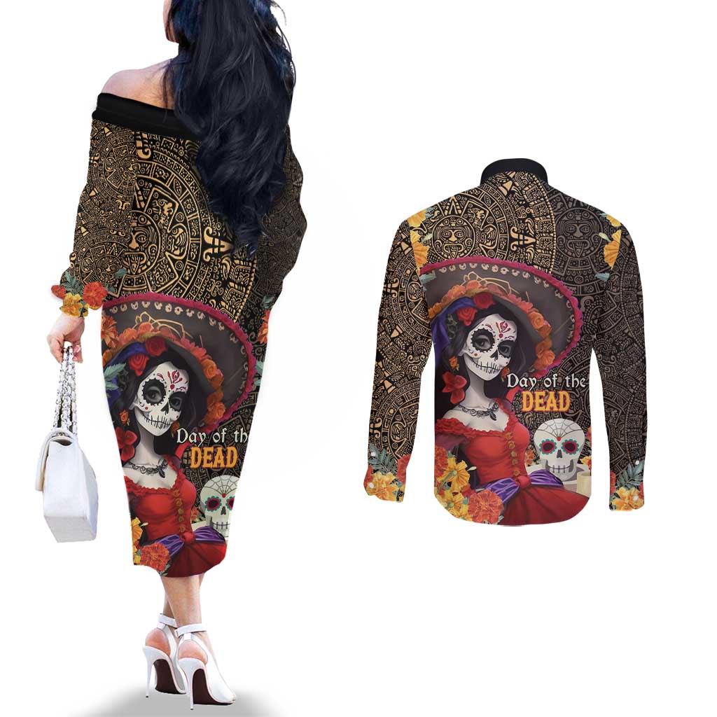 Mexico Day Of The Dead Couples Matching Off The Shoulder Long Sleeve Dress and Long Sleeve Button Shirt La Catrina Mix Cempasuchil Aztec Pattern LT15