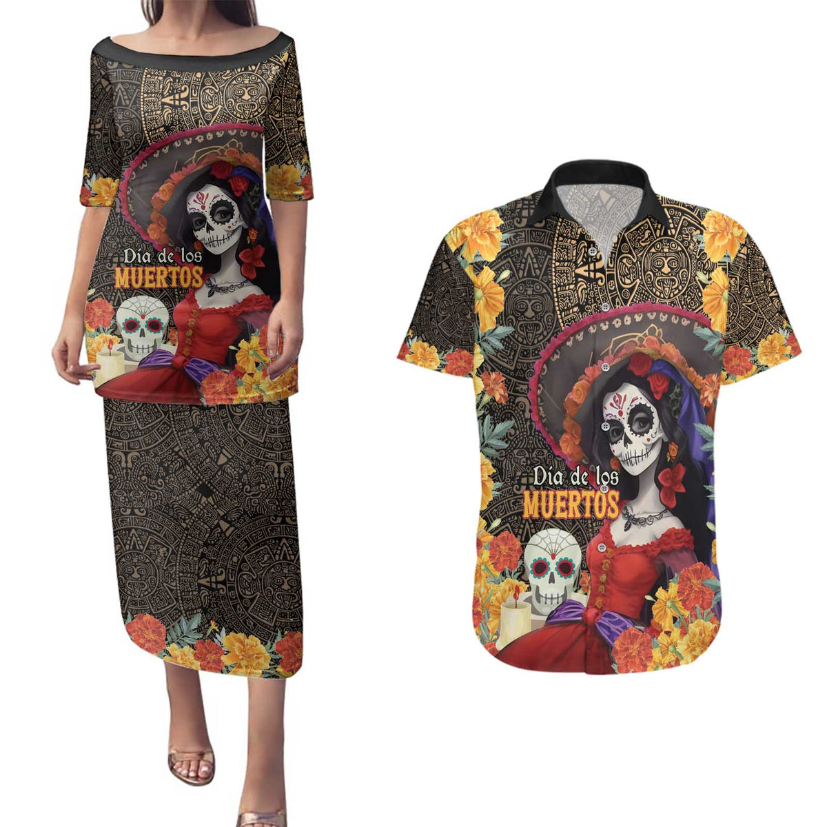 Mexico Day Of The Dead Couples Matching Puletasi and Hawaiian Shirt La Catrina Mix Cempasuchil Aztec Pattern LT15