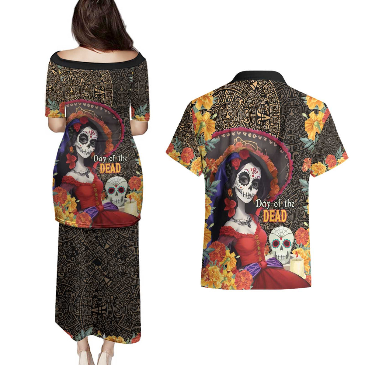 Mexico Day Of The Dead Couples Matching Puletasi and Hawaiian Shirt La Catrina Mix Cempasuchil Aztec Pattern LT15