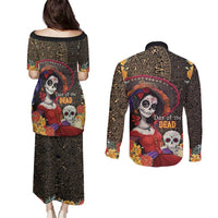 Mexico Day Of The Dead Couples Matching Puletasi and Long Sleeve Button Shirt La Catrina Mix Cempasuchil Aztec Pattern LT15