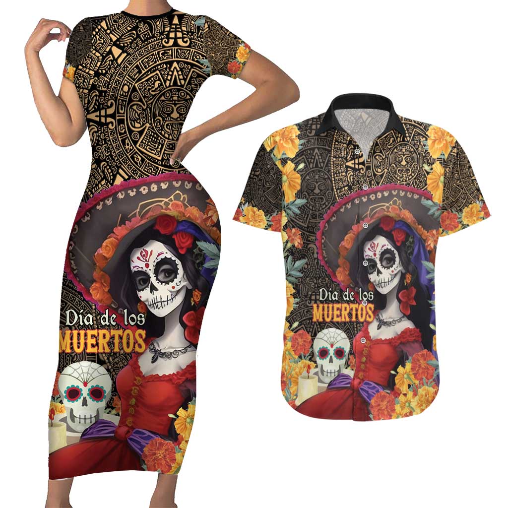 Mexico Day Of The Dead Couples Matching Short Sleeve Bodycon Dress and Hawaiian Shirt La Catrina Mix Cempasuchil Aztec Pattern LT15