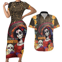 Mexico Day Of The Dead Couples Matching Short Sleeve Bodycon Dress and Hawaiian Shirt La Catrina Mix Cempasuchil Aztec Pattern LT15