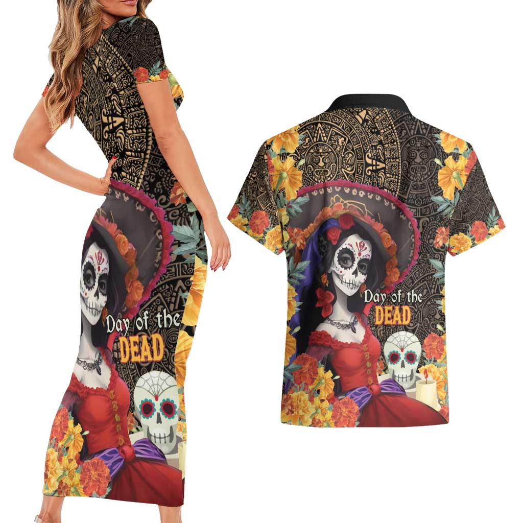 Mexico Day Of The Dead Couples Matching Short Sleeve Bodycon Dress and Hawaiian Shirt La Catrina Mix Cempasuchil Aztec Pattern LT15