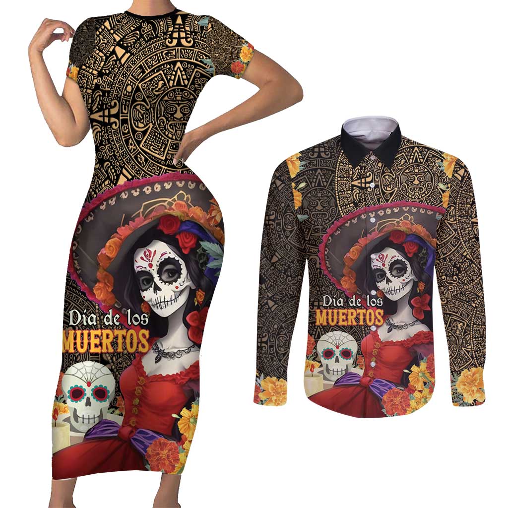 Mexico Day Of The Dead Couples Matching Short Sleeve Bodycon Dress and Long Sleeve Button Shirt La Catrina Mix Cempasuchil Aztec Pattern LT15