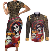 Mexico Day Of The Dead Couples Matching Short Sleeve Bodycon Dress and Long Sleeve Button Shirt La Catrina Mix Cempasuchil Aztec Pattern LT15