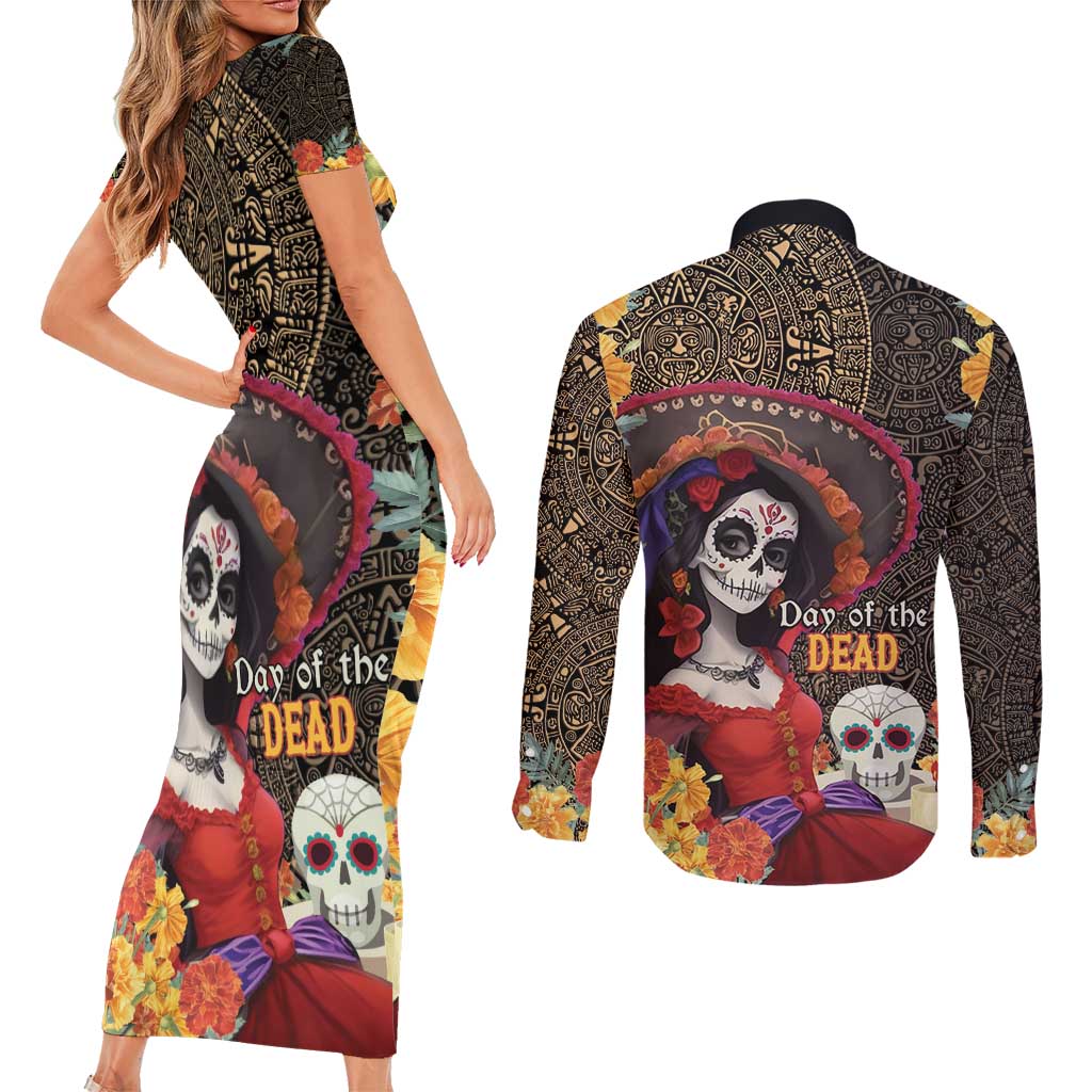 Mexico Day Of The Dead Couples Matching Short Sleeve Bodycon Dress and Long Sleeve Button Shirt La Catrina Mix Cempasuchil Aztec Pattern LT15