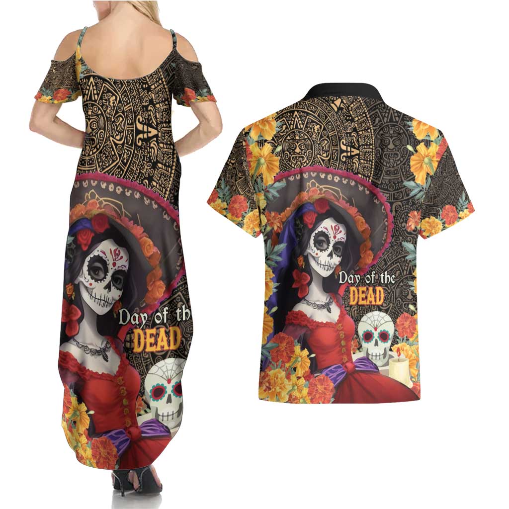 Mexico Day Of The Dead Couples Matching Summer Maxi Dress and Hawaiian Shirt La Catrina Mix Cempasuchil Aztec Pattern LT15
