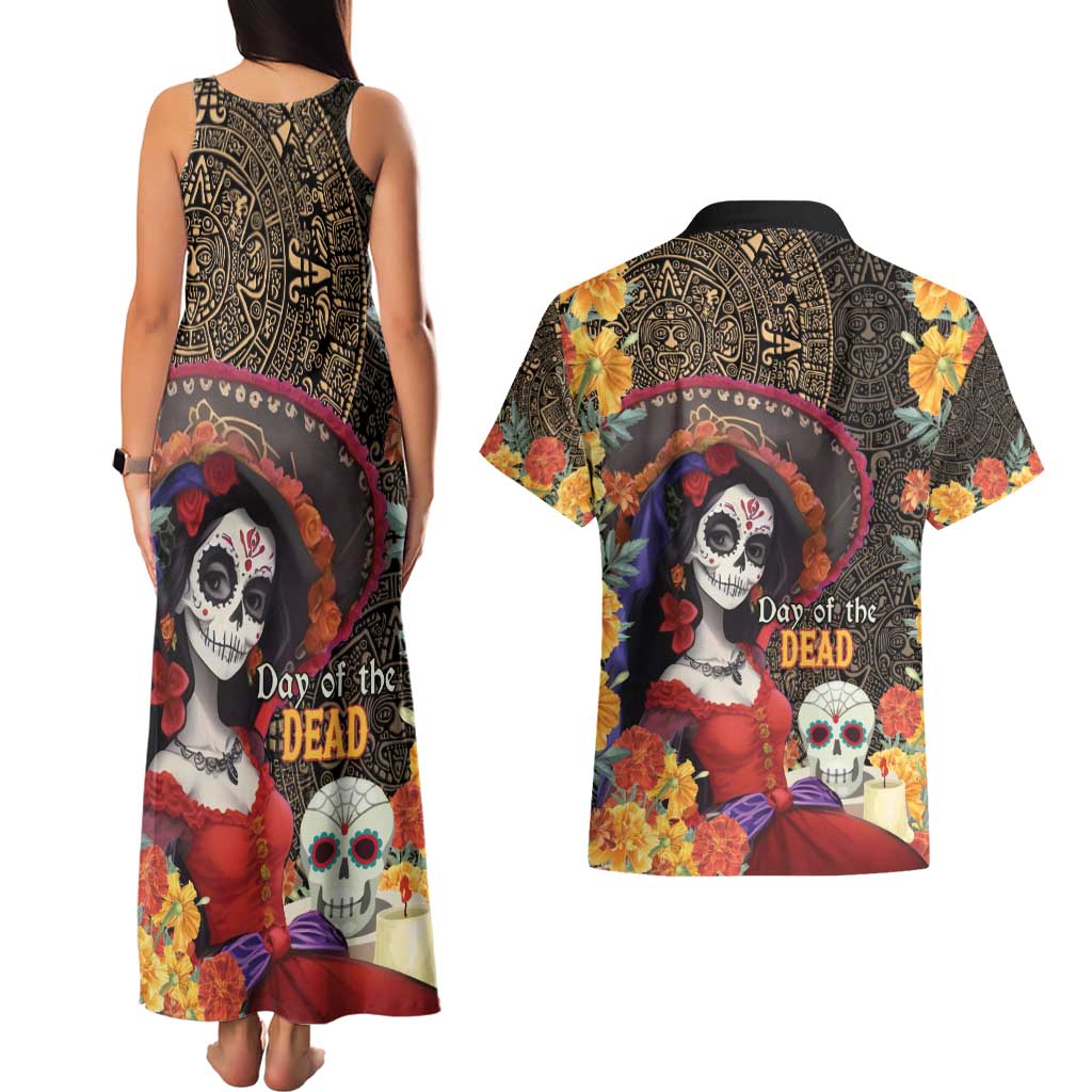 Mexico Day Of The Dead Couples Matching Tank Maxi Dress and Hawaiian Shirt La Catrina Mix Cempasuchil Aztec Pattern LT15