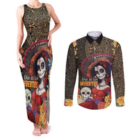 Mexico Day Of The Dead Couples Matching Tank Maxi Dress and Long Sleeve Button Shirt La Catrina Mix Cempasuchil Aztec Pattern LT15