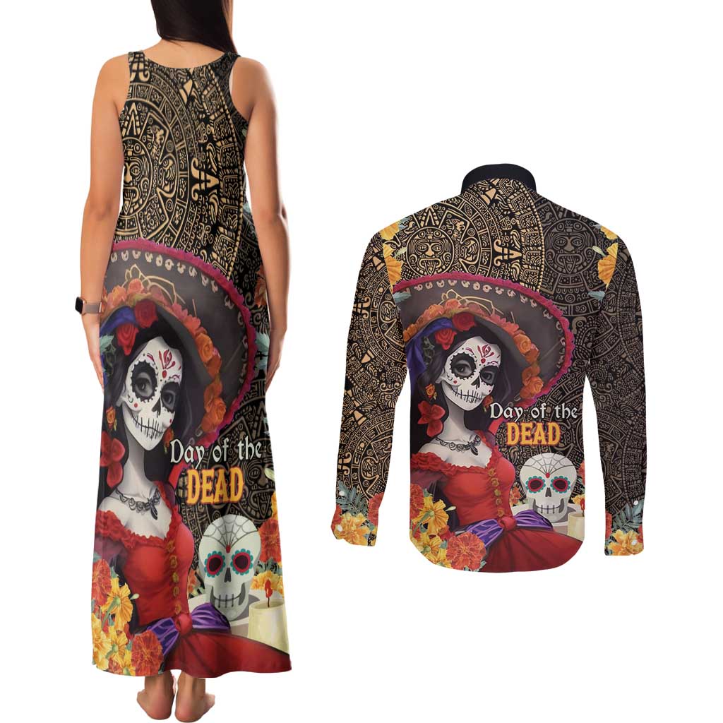 Mexico Day Of The Dead Couples Matching Tank Maxi Dress and Long Sleeve Button Shirt La Catrina Mix Cempasuchil Aztec Pattern LT15