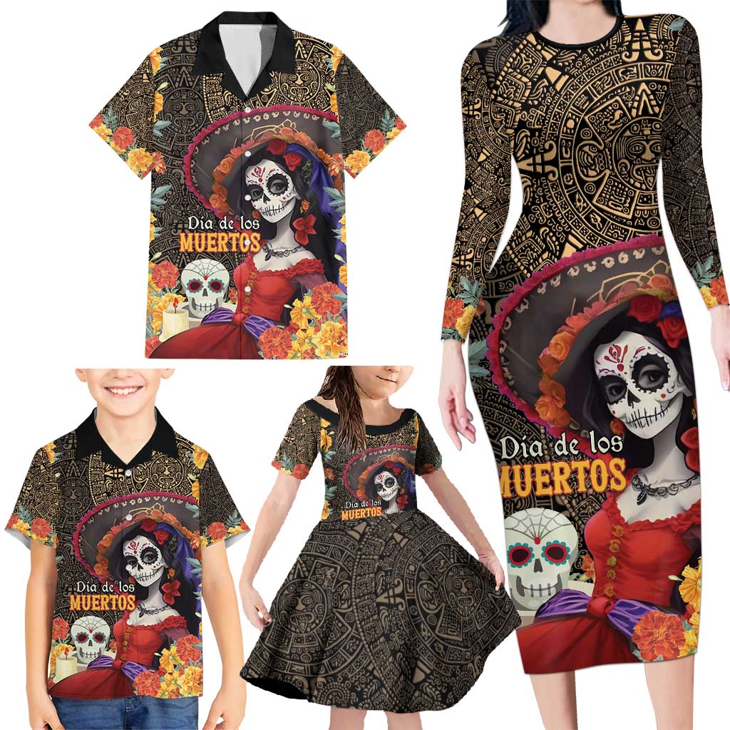Mexico Day Of The Dead Family Matching Long Sleeve Bodycon Dress and Hawaiian Shirt La Catrina Mix Cempasuchil Aztec Pattern - Wonder Print Shop