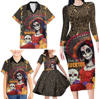 Mexico Day Of The Dead Family Matching Long Sleeve Bodycon Dress and Hawaiian Shirt La Catrina Mix Cempasuchil Aztec Pattern LT15