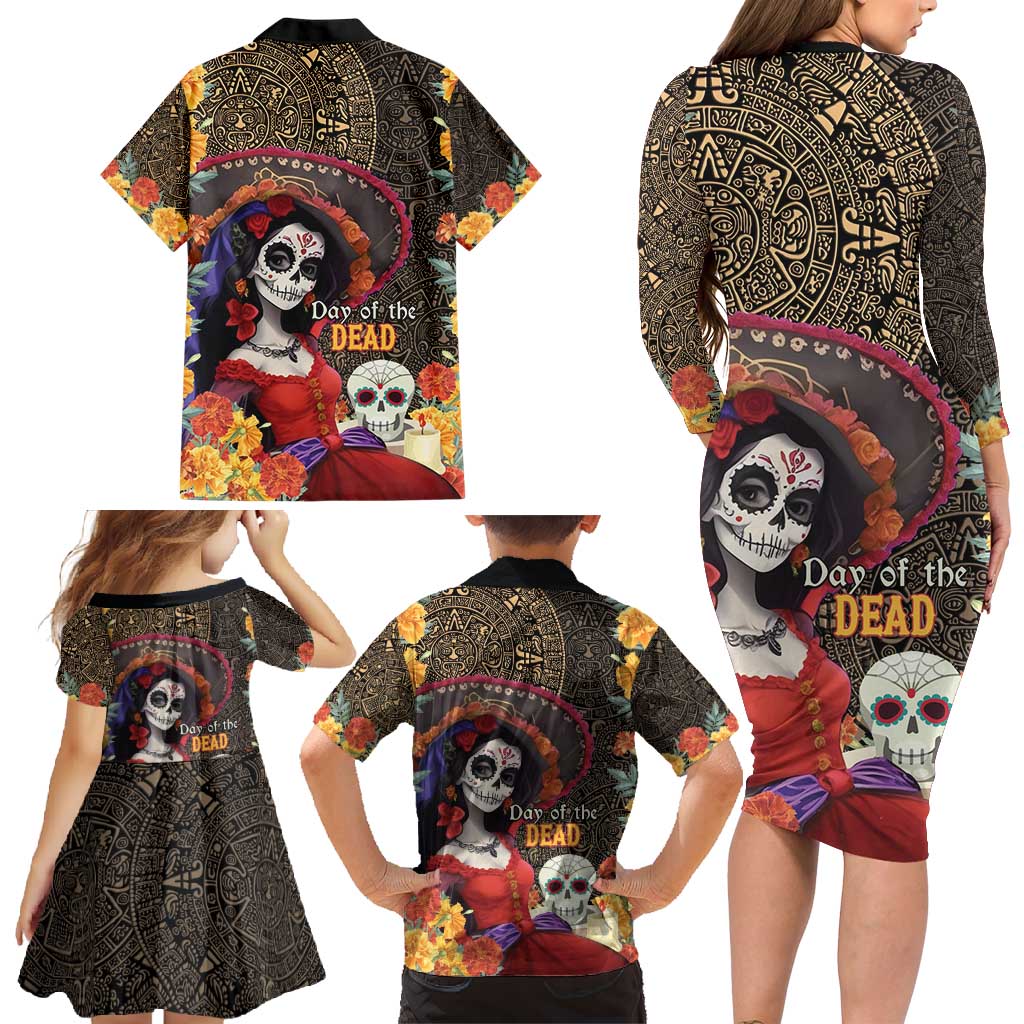 Mexico Day Of The Dead Family Matching Long Sleeve Bodycon Dress and Hawaiian Shirt La Catrina Mix Cempasuchil Aztec Pattern LT15