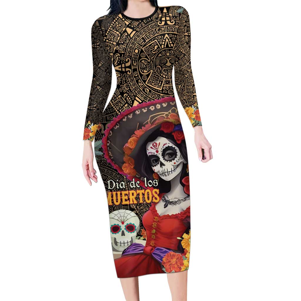 Mexico Day Of The Dead Family Matching Long Sleeve Bodycon Dress and Hawaiian Shirt La Catrina Mix Cempasuchil Aztec Pattern LT15