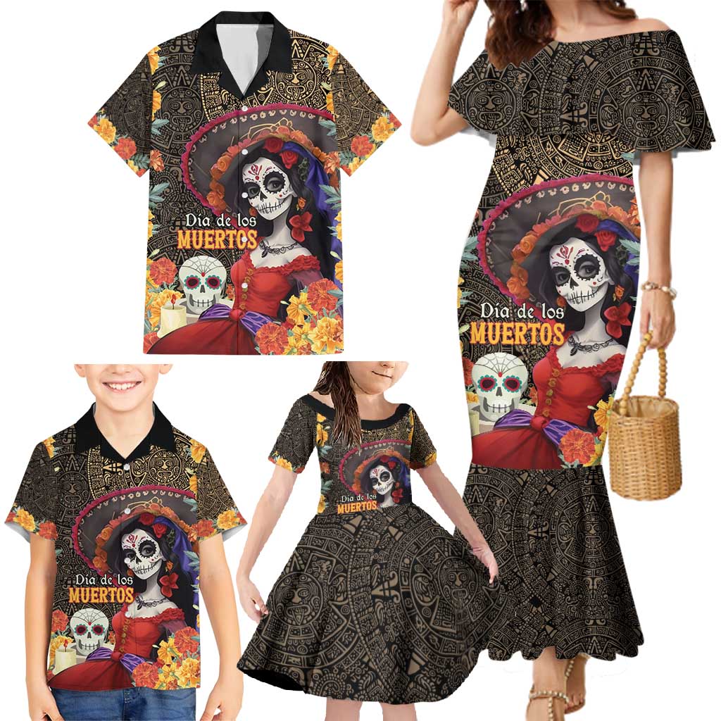 Mexico Day Of The Dead Family Matching Mermaid Dress and Hawaiian Shirt La Catrina Mix Cempasuchil Aztec Pattern LT15