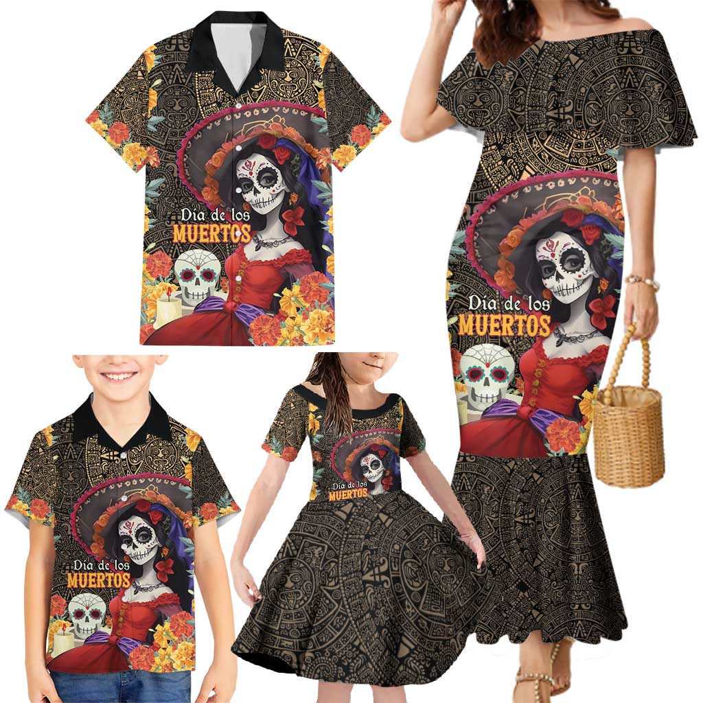 Mexico Day Of The Dead Family Matching Mermaid Dress and Hawaiian Shirt La Catrina Mix Cempasuchil Aztec Pattern - Wonder Print Shop
