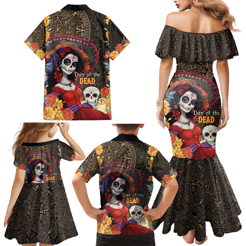 Mexico Day Of The Dead Family Matching Mermaid Dress and Hawaiian Shirt La Catrina Mix Cempasuchil Aztec Pattern LT15