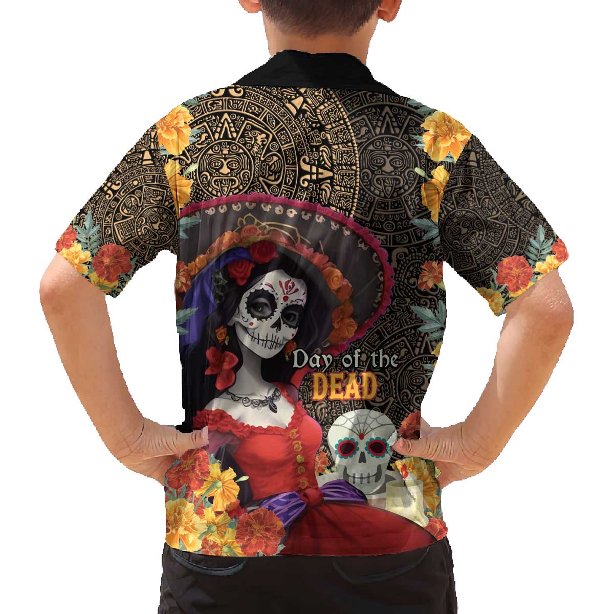Mexico Day Of The Dead Family Matching Off The Shoulder Long Sleeve Dress and Hawaiian Shirt La Catrina Mix Cempasuchil Aztec Pattern LT15