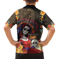 Mexico Day Of The Dead Family Matching Off The Shoulder Long Sleeve Dress and Hawaiian Shirt La Catrina Mix Cempasuchil Aztec Pattern LT15