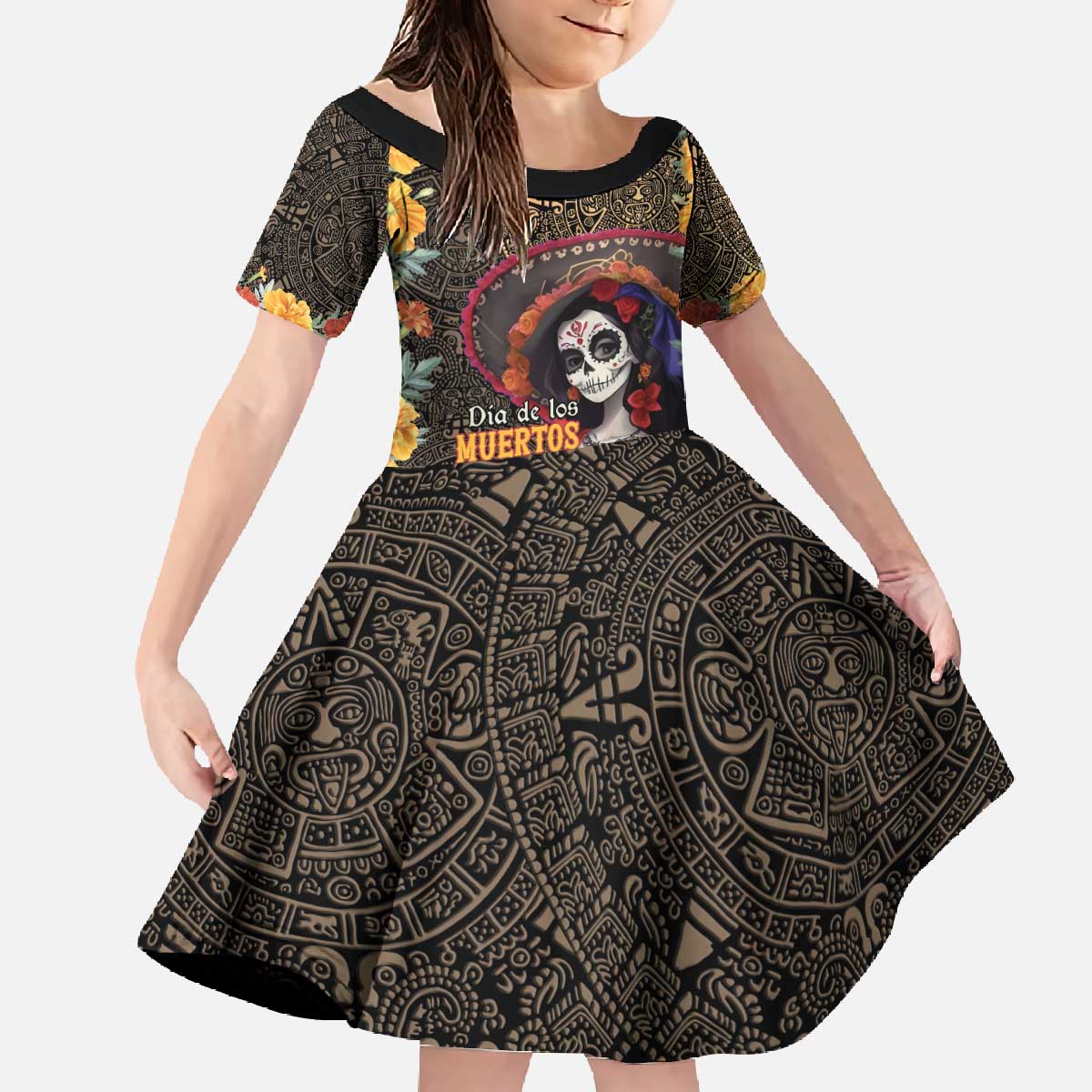 Mexico Day Of The Dead Family Matching Off The Shoulder Long Sleeve Dress and Hawaiian Shirt La Catrina Mix Cempasuchil Aztec Pattern LT15