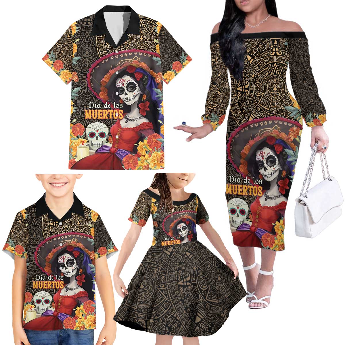 Mexico Day Of The Dead Family Matching Off The Shoulder Long Sleeve Dress and Hawaiian Shirt La Catrina Mix Cempasuchil Aztec Pattern - Wonder Print Shop