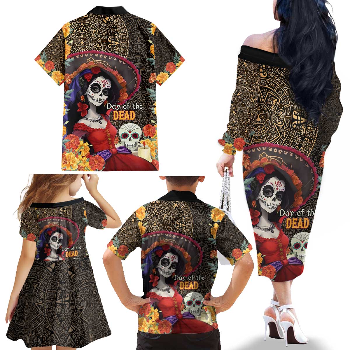 Mexico Day Of The Dead Family Matching Off The Shoulder Long Sleeve Dress and Hawaiian Shirt La Catrina Mix Cempasuchil Aztec Pattern LT15