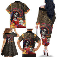Mexico Day Of The Dead Family Matching Off The Shoulder Long Sleeve Dress and Hawaiian Shirt La Catrina Mix Cempasuchil Aztec Pattern LT15