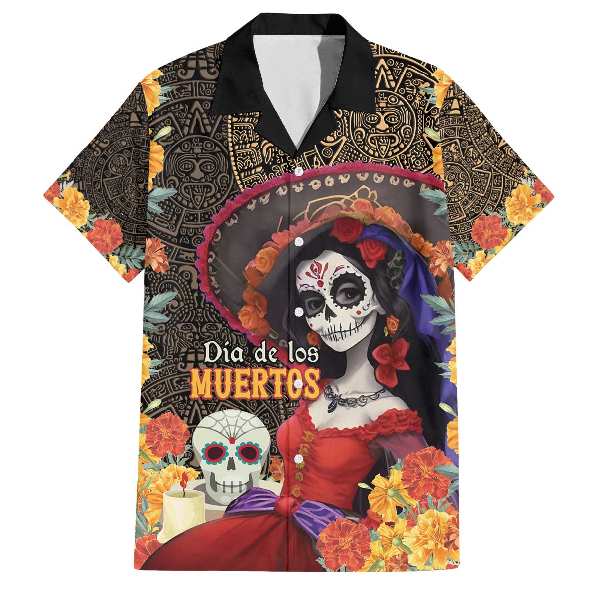 Mexico Day Of The Dead Family Matching Off The Shoulder Long Sleeve Dress and Hawaiian Shirt La Catrina Mix Cempasuchil Aztec Pattern LT15