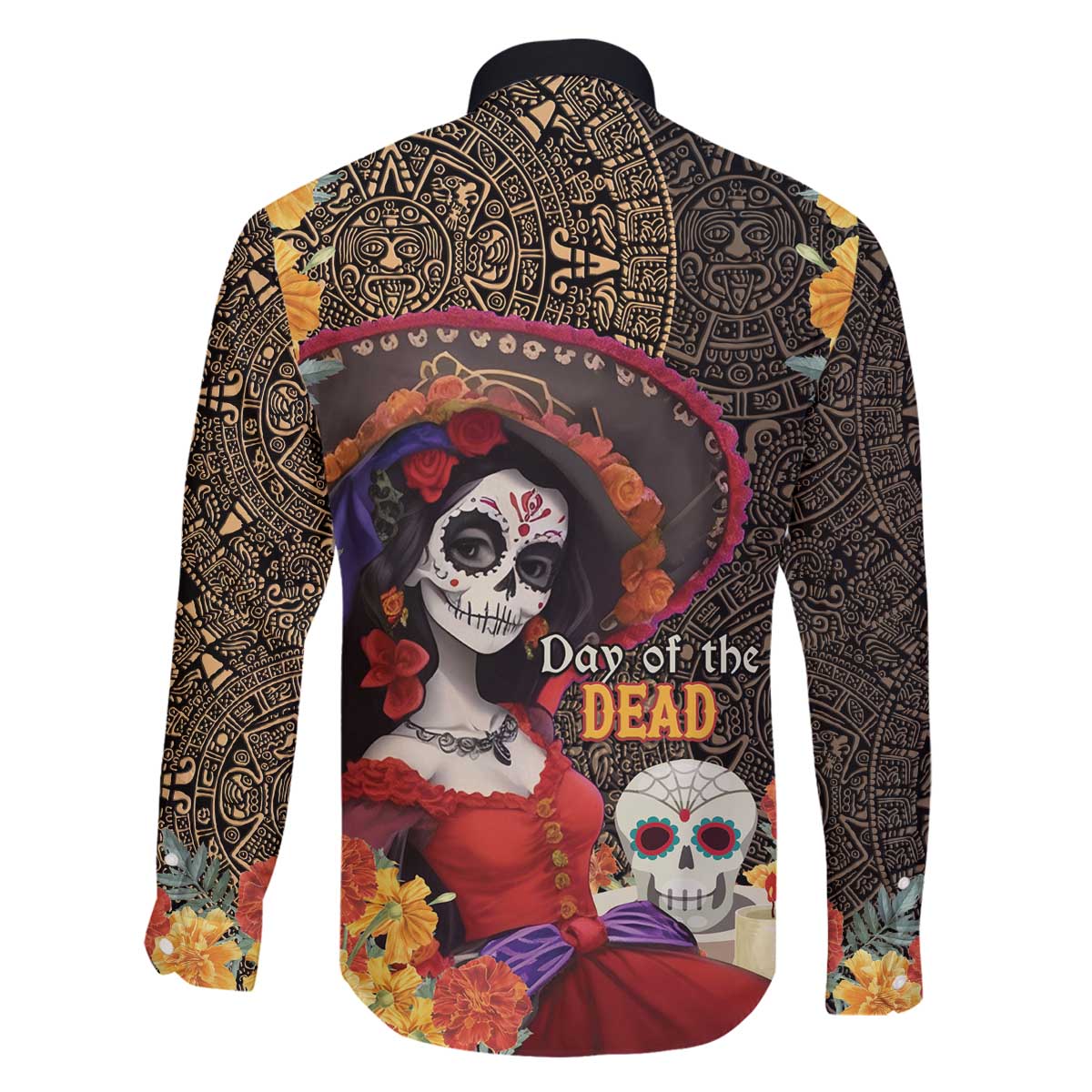 Mexico Day Of The Dead Family Matching Off The Shoulder Long Sleeve Dress and Hawaiian Shirt La Catrina Mix Cempasuchil Aztec Pattern LT15
