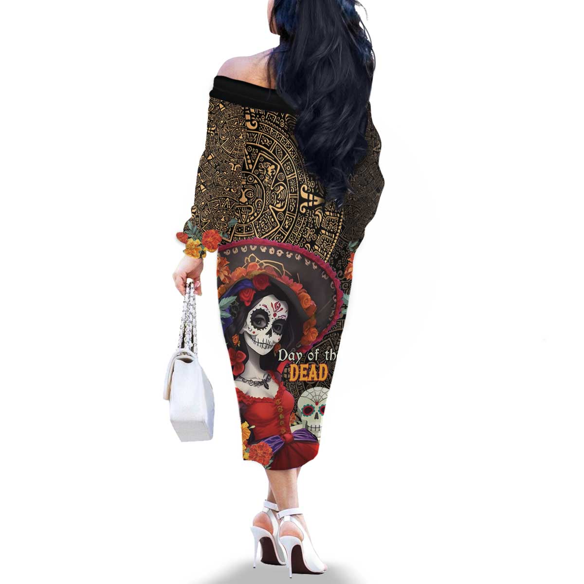 Mexico Day Of The Dead Family Matching Off The Shoulder Long Sleeve Dress and Hawaiian Shirt La Catrina Mix Cempasuchil Aztec Pattern LT15