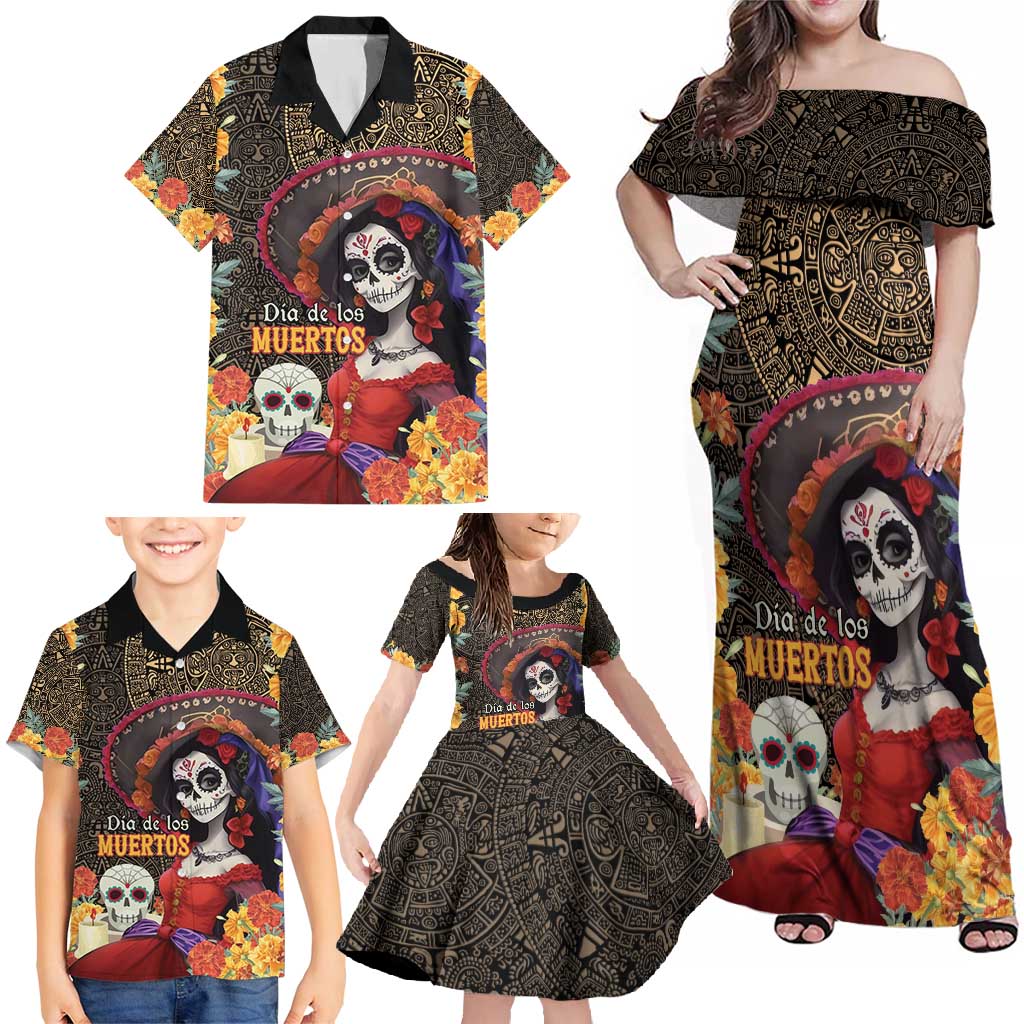 Mexico Day Of The Dead Family Matching Off Shoulder Maxi Dress and Hawaiian Shirt La Catrina Mix Cempasuchil Aztec Pattern - Wonder Print Shop