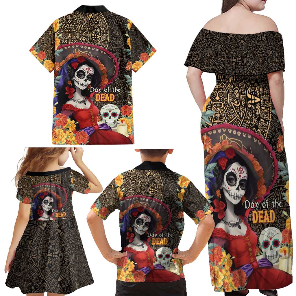 Mexico Day Of The Dead Family Matching Off Shoulder Maxi Dress and Hawaiian Shirt La Catrina Mix Cempasuchil Aztec Pattern LT15