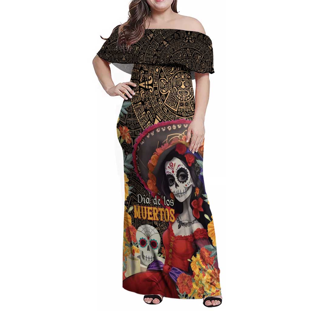 Mexico Day Of The Dead Family Matching Off Shoulder Maxi Dress and Hawaiian Shirt La Catrina Mix Cempasuchil Aztec Pattern LT15