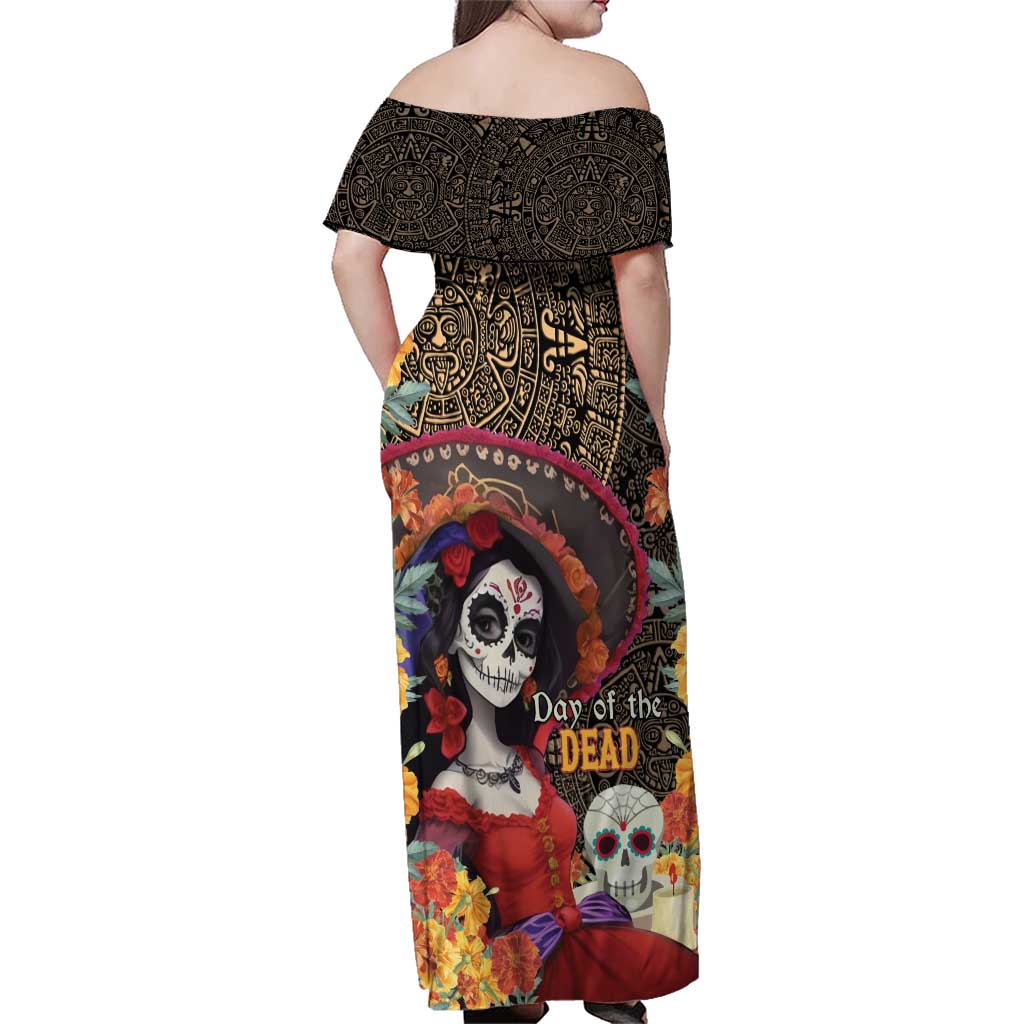 Mexico Day Of The Dead Family Matching Off Shoulder Maxi Dress and Hawaiian Shirt La Catrina Mix Cempasuchil Aztec Pattern LT15