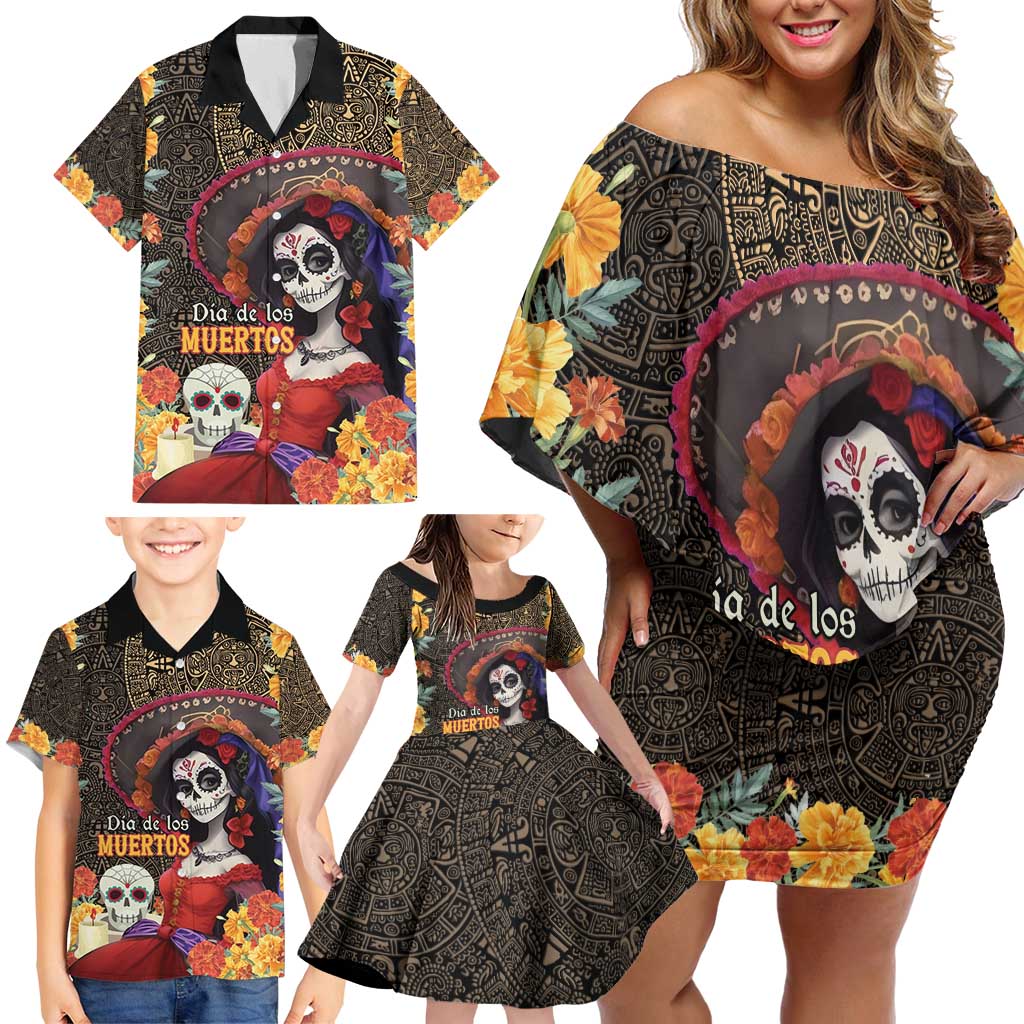 Mexico Day Of The Dead Family Matching Off Shoulder Short Dress and Hawaiian Shirt La Catrina Mix Cempasuchil Aztec Pattern LT15