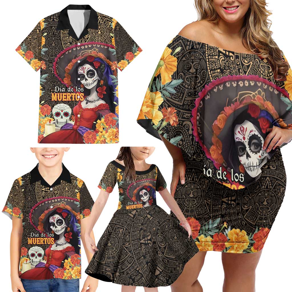 Mexico Day Of The Dead Family Matching Off Shoulder Short Dress and Hawaiian Shirt La Catrina Mix Cempasuchil Aztec Pattern - Wonder Print Shop