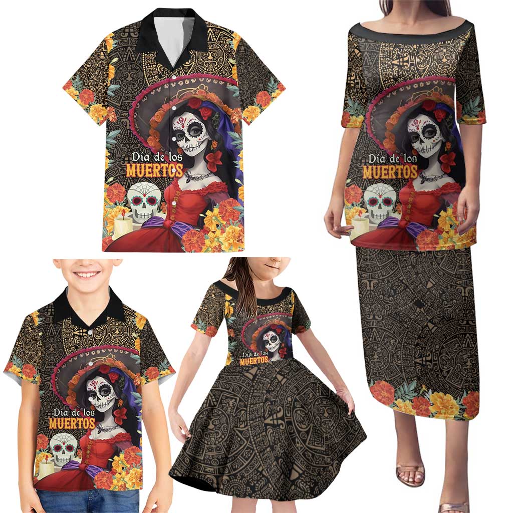Mexico Day Of The Dead Family Matching Puletasi and Hawaiian Shirt La Catrina Mix Cempasuchil Aztec Pattern - Wonder Print Shop