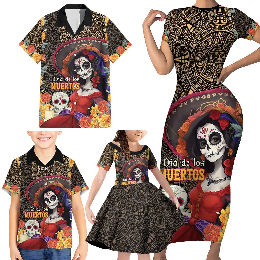 Mexico Day Of The Dead Family Matching Short Sleeve Bodycon Dress and Hawaiian Shirt La Catrina Mix Cempasuchil Aztec Pattern - Wonder Print Shop