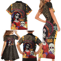 Mexico Day Of The Dead Family Matching Short Sleeve Bodycon Dress and Hawaiian Shirt La Catrina Mix Cempasuchil Aztec Pattern LT15