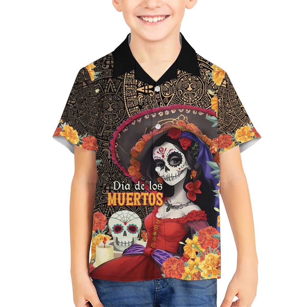 Mexico Day Of The Dead Family Matching Short Sleeve Bodycon Dress and Hawaiian Shirt La Catrina Mix Cempasuchil Aztec Pattern LT15