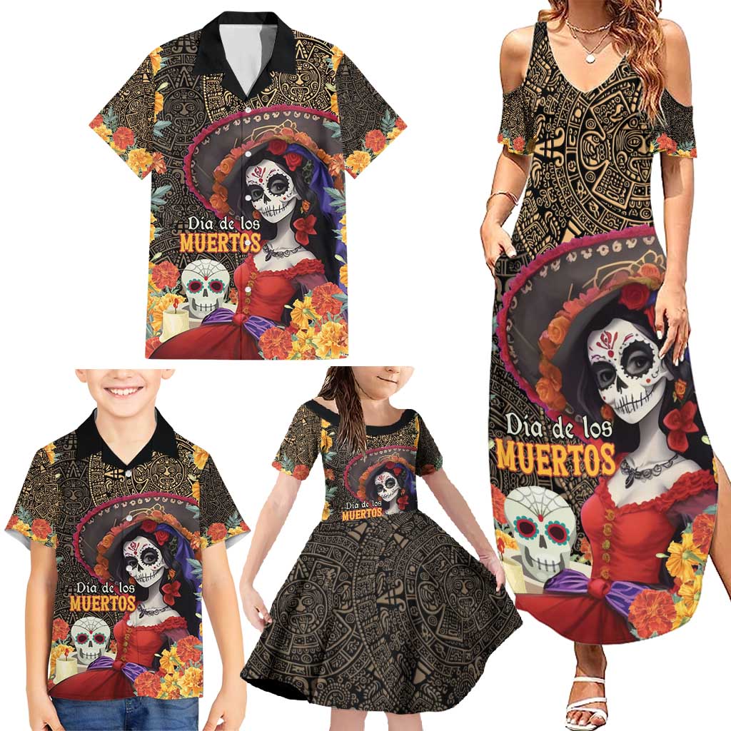Mexico Day Of The Dead Family Matching Summer Maxi Dress and Hawaiian Shirt La Catrina Mix Cempasuchil Aztec Pattern - Wonder Print Shop