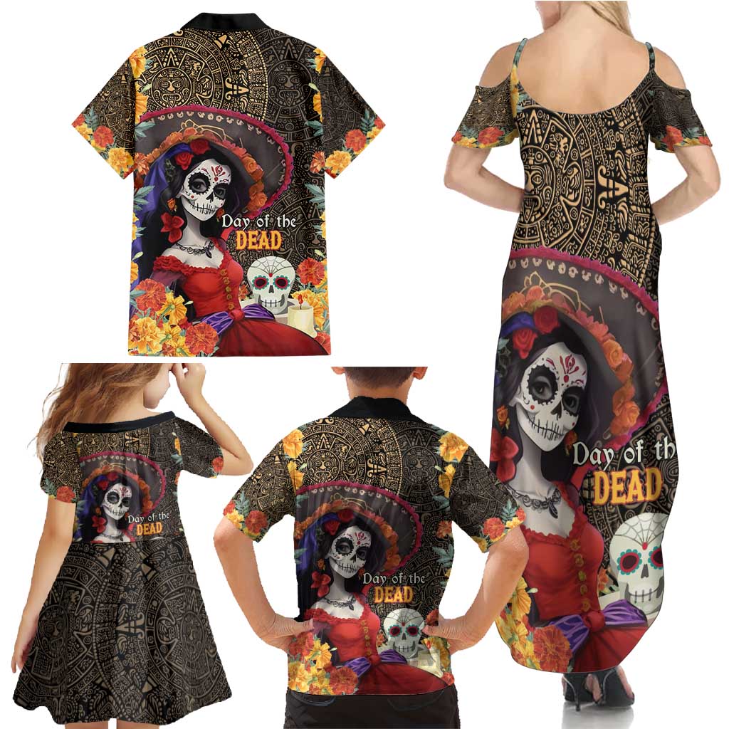 Mexico Day Of The Dead Family Matching Summer Maxi Dress and Hawaiian Shirt La Catrina Mix Cempasuchil Aztec Pattern LT15